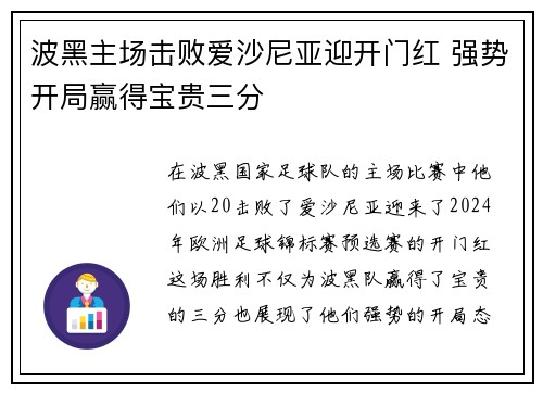 波黑主场击败爱沙尼亚迎开门红 强势开局赢得宝贵三分