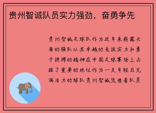 贵州智诚队员实力强劲，奋勇争先