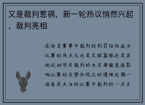 又是裁判惹祸，新一轮热议悄然兴起，裁判亮相