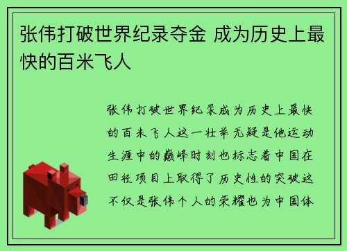 张伟打破世界纪录夺金 成为历史上最快的百米飞人
