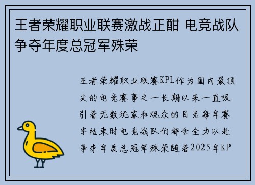 王者荣耀职业联赛激战正酣 电竞战队争夺年度总冠军殊荣