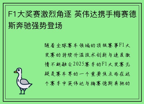 F1大奖赛激烈角逐 英伟达携手梅赛德斯奔驰强势登场