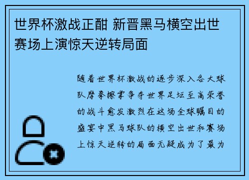 世界杯激战正酣 新晋黑马横空出世 赛场上演惊天逆转局面